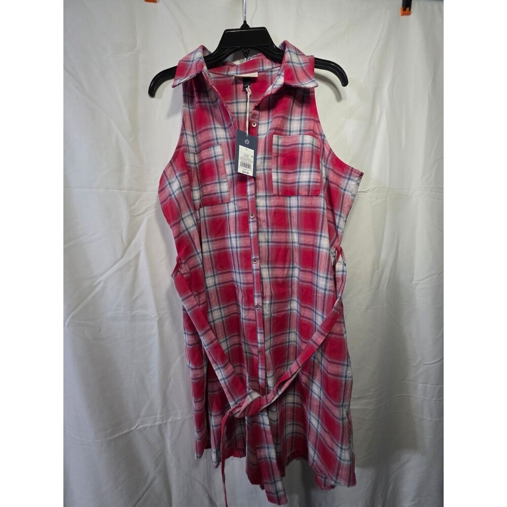 Universal Thread Women's Sleeveless Red Plaid Button Front Shirt Dress L NWT